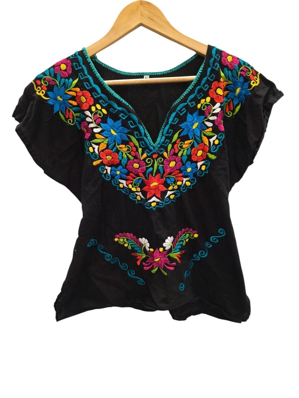 Black Mexican Handmade Floral Embroidered Blouse Tie Back Size Medium